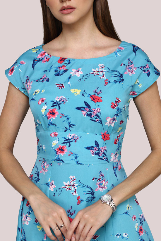 Blue Boat neck Dress with Kimono sleeve pattern