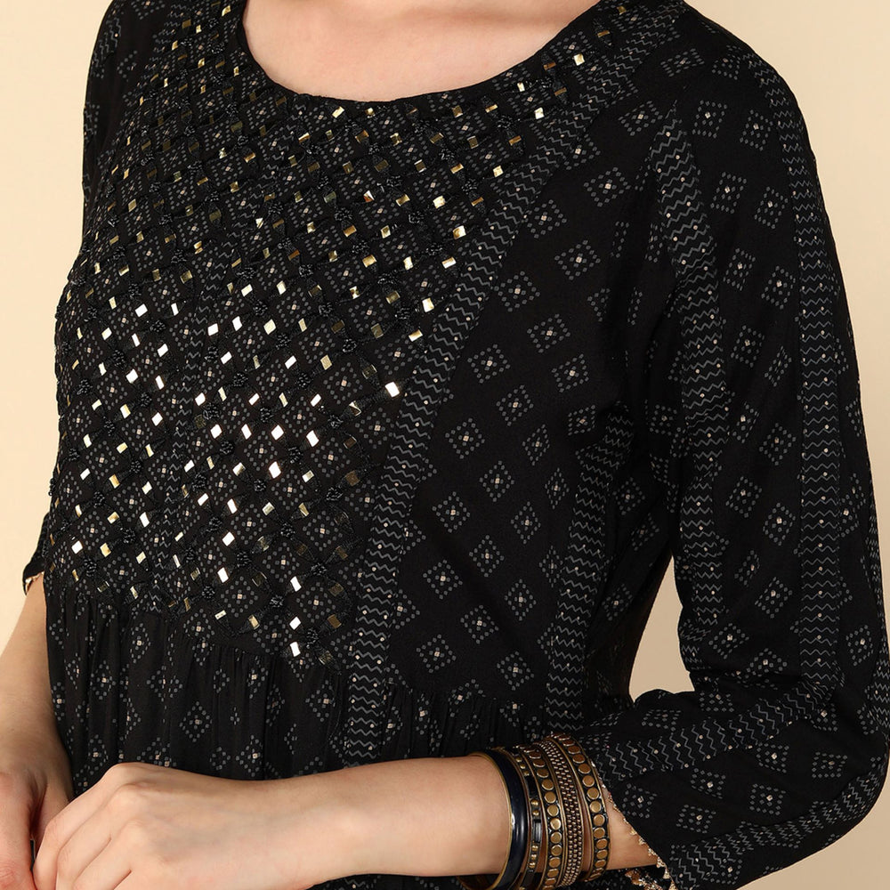 
                      
                        Black Geometric Printed Mirror Work Kurta & Trousers With Dupatta
                      
                    