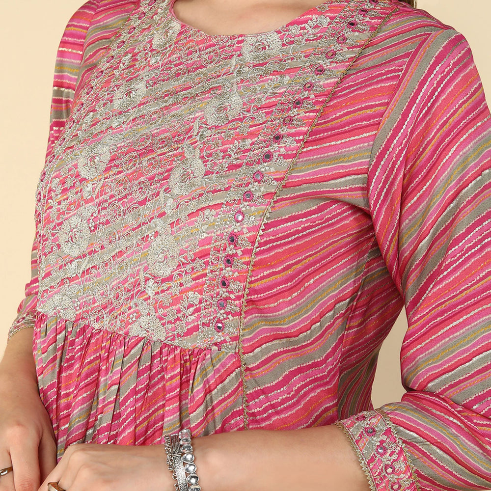 
                      
                        Pink Ethnic Motifs Printed Thread Work Block Print Anarkali Kurta
                      
                    