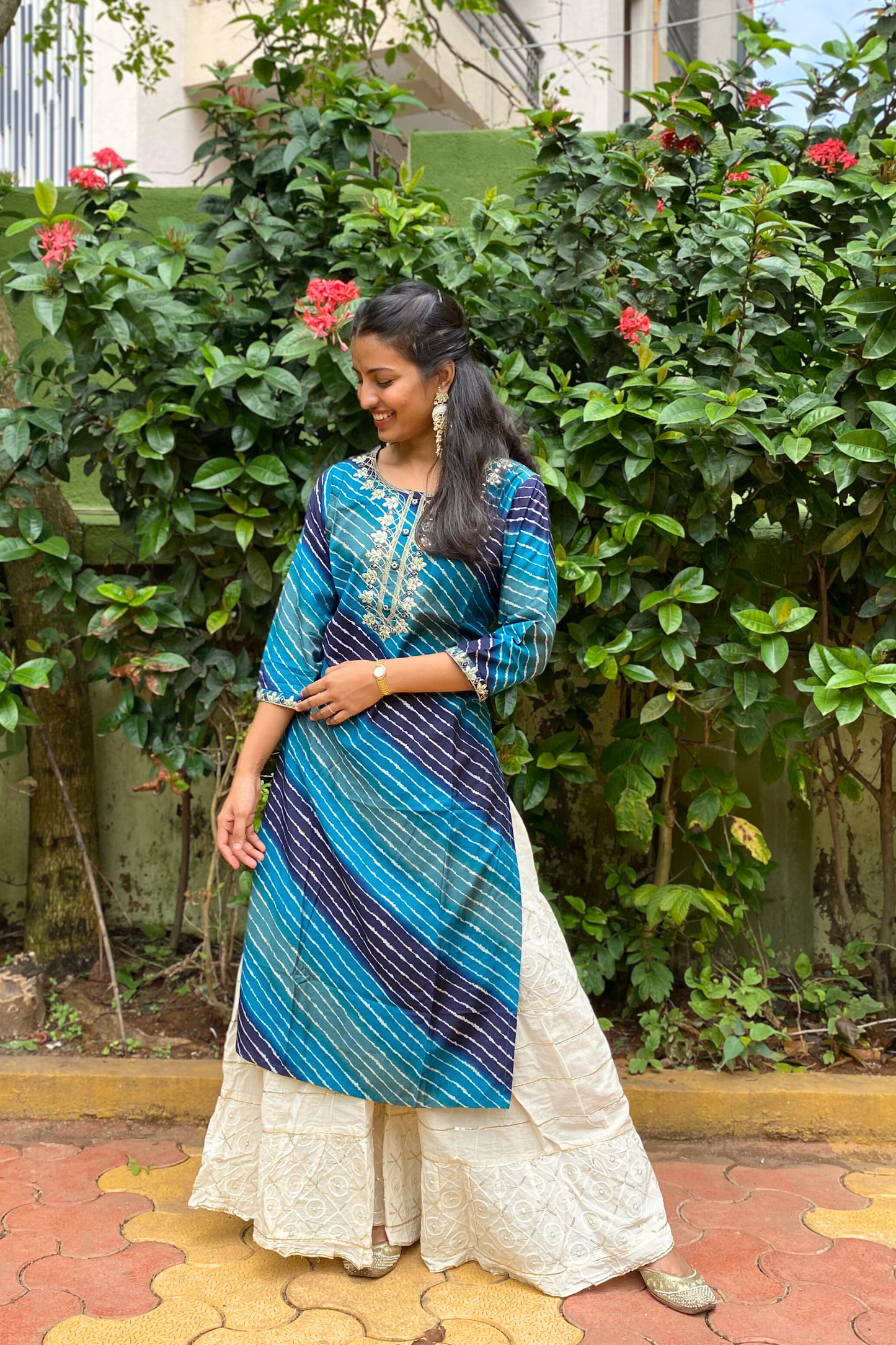 Shades Of Blue Leheriya Kurta with Gota Pati Work