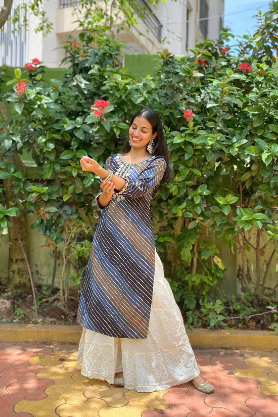 Load image into Gallery viewer, Shades Of Navy Blue and Brown Leheriya Kurta with Gota Pati Work
