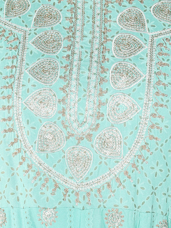Pastal Blue Ethnic Motifs Printed Thread Work Regular Kurta with Trousers & Dupatta