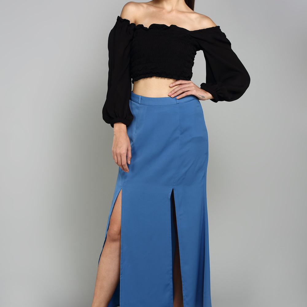 Women Blue Straight Slit Maxi Skirt