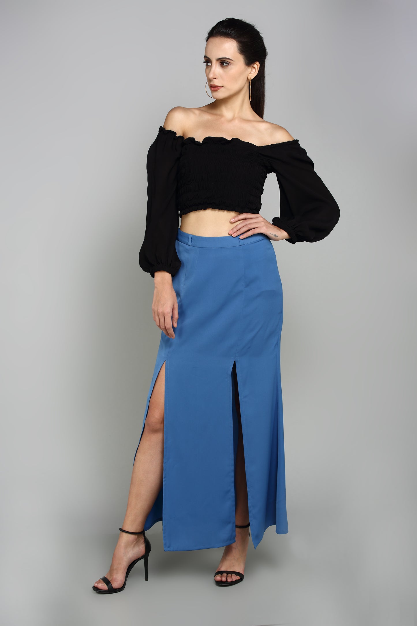 Women Blue Straight Slit Maxi Skirt