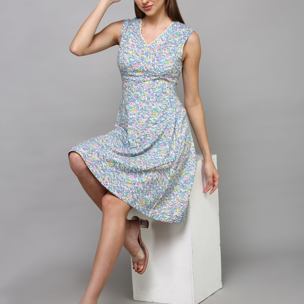 
                      
                        Women Sea Green & Pink Floral Cotton Fit and Flare Dress
                      
                    
