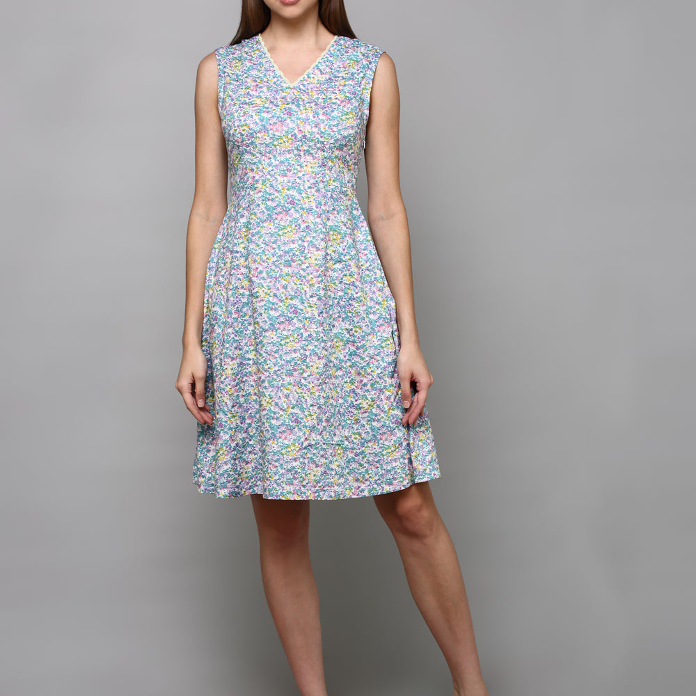 
                      
                        Women Sea Green & Pink Floral Cotton Fit and Flare Dress
                      
                    
