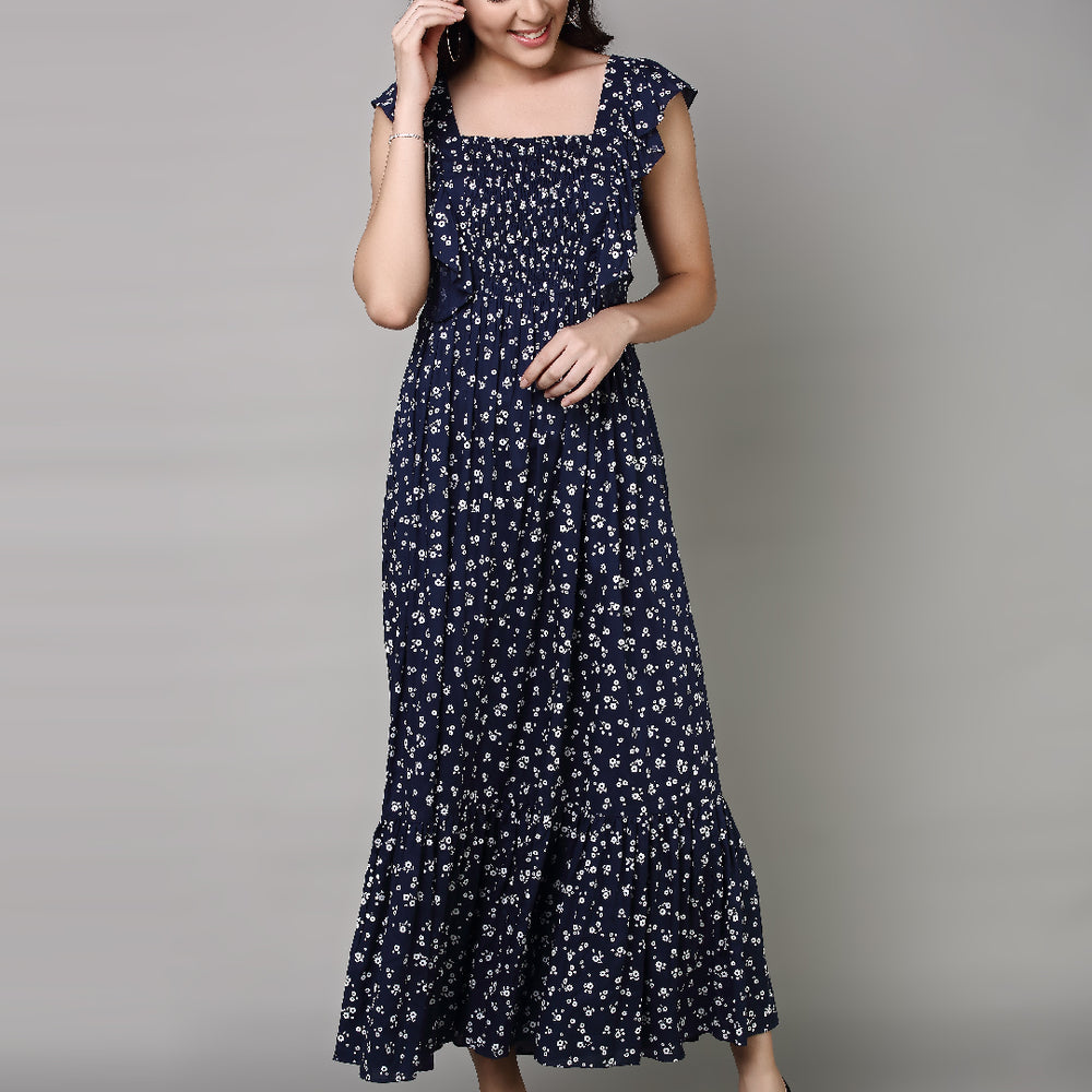 
                      
                        Women Navy Blue Floral Printed Maxi Dress
                      
                    
