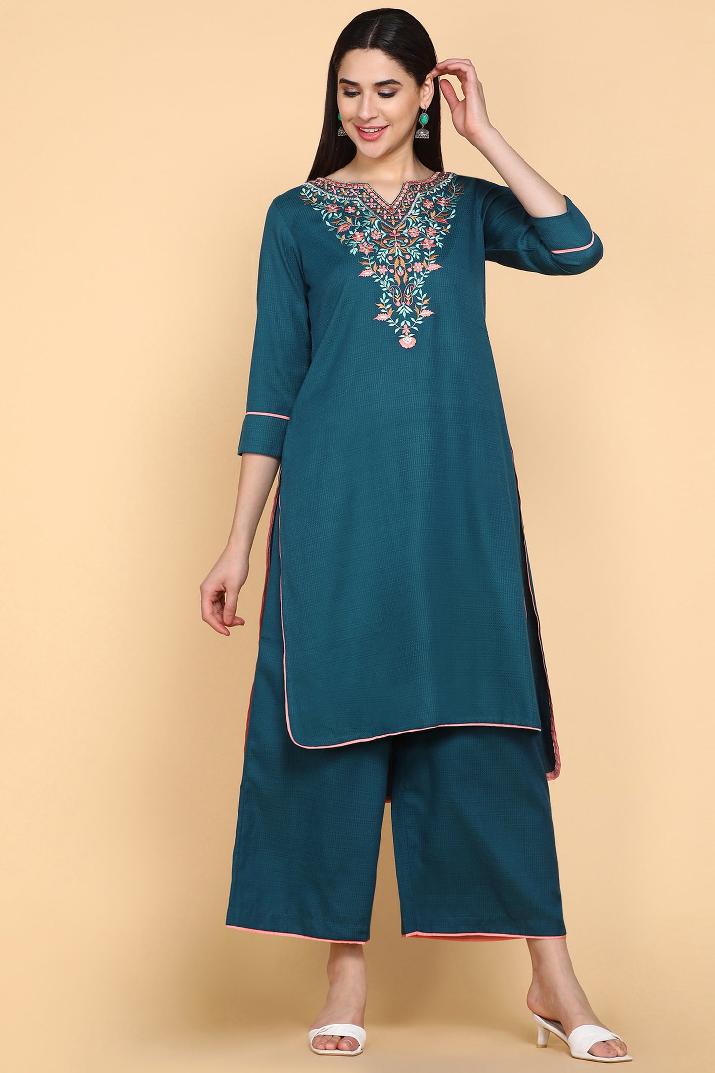 Teal Blue Embroidered Kurta With Palazzo Pants