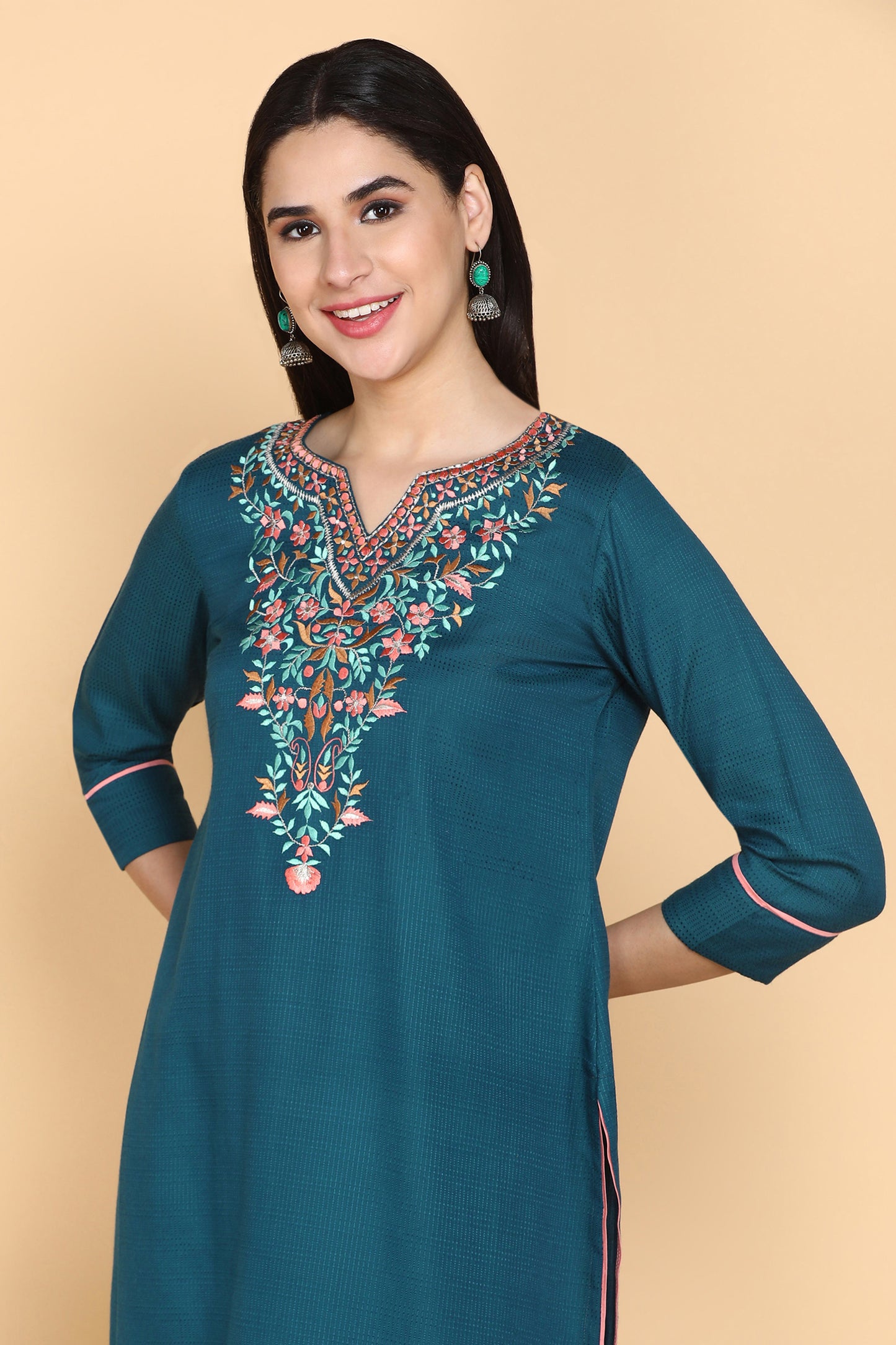 Teal Blue Embroidered Kurta With Palazzo Pants