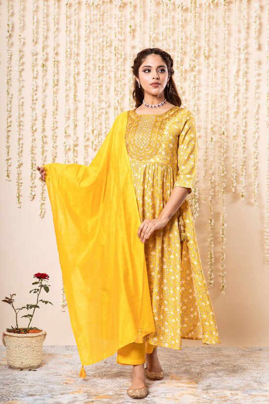 Load image into Gallery viewer, Ethnic Motifs Printed Pleated Sequinned Kurta With Trousers &amp;amp; Dupatta
