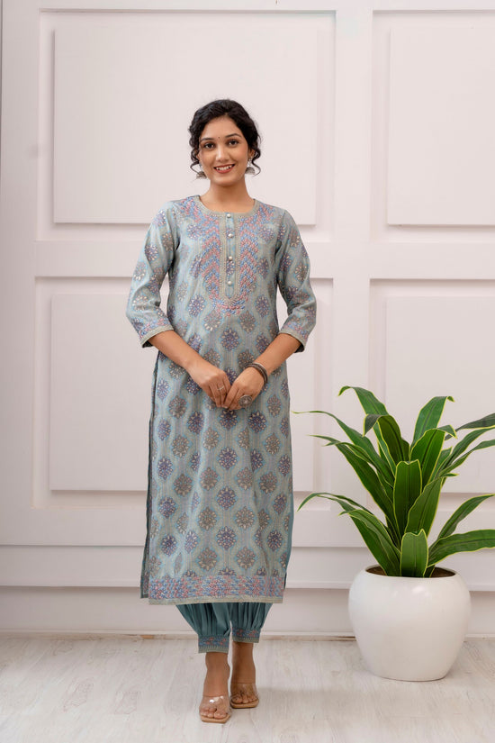Load image into Gallery viewer, Pastel blue and pink printed Muslim kurta set with trouser and dupatta
