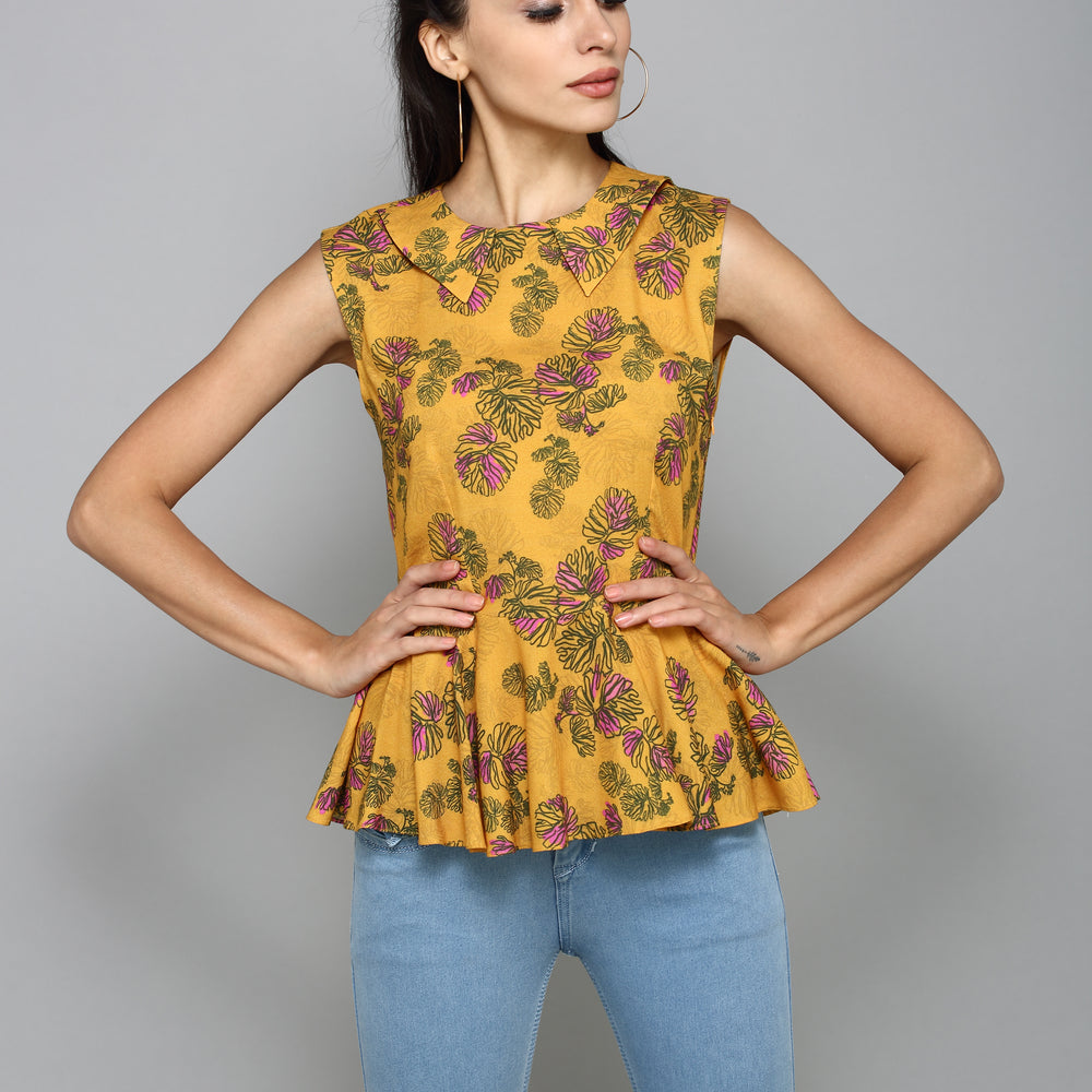 ATURABI CASUAL SLEEVELESS PRINTED YELLOW TOP