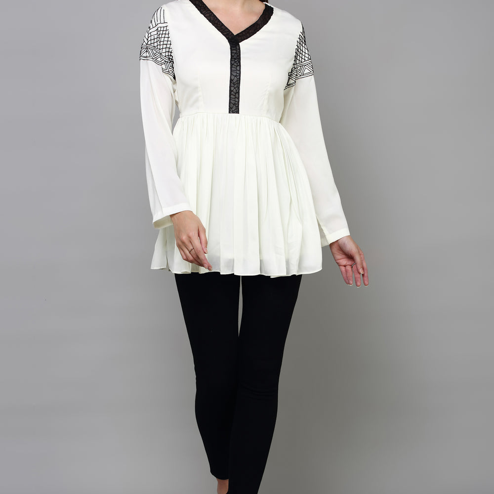 White & Black V-Neck Pure Georgette Kurti