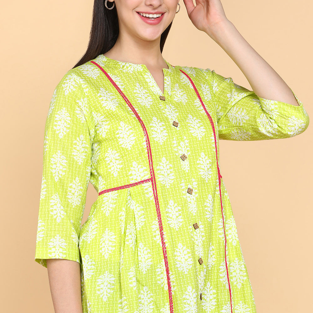 
                      
                        Floral Printed V-Neck Pure Cotton Panelled A-Line Kurti
                      
                    