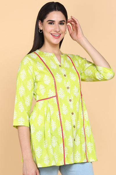 Floral Printed V-Neck Pure Cotton Panelled A-Line Kurti