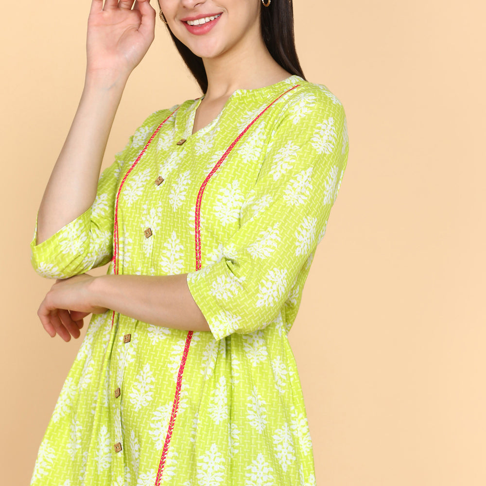
                      
                        Floral Printed V-Neck Pure Cotton Panelled A-Line Kurti
                      
                    