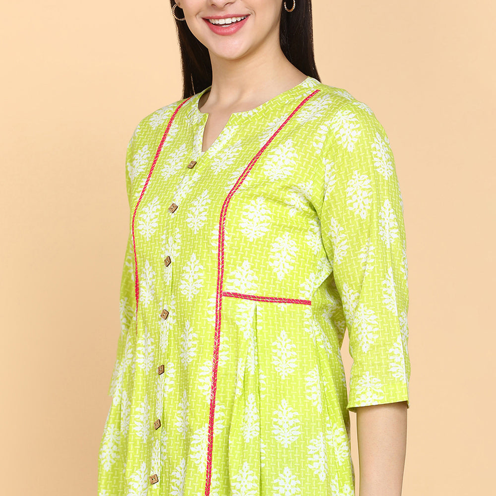 
                      
                        Floral Printed V-Neck Pure Cotton Panelled A-Line Kurti
                      
                    