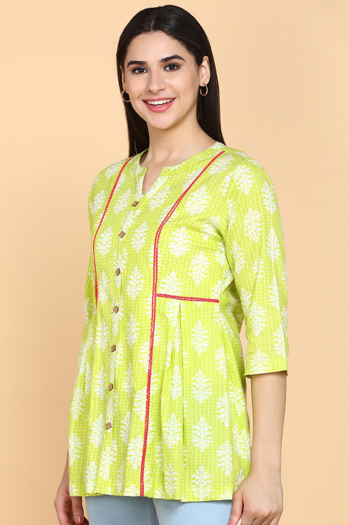 Floral Printed V-Neck Pure Cotton Panelled A-Line Kurti