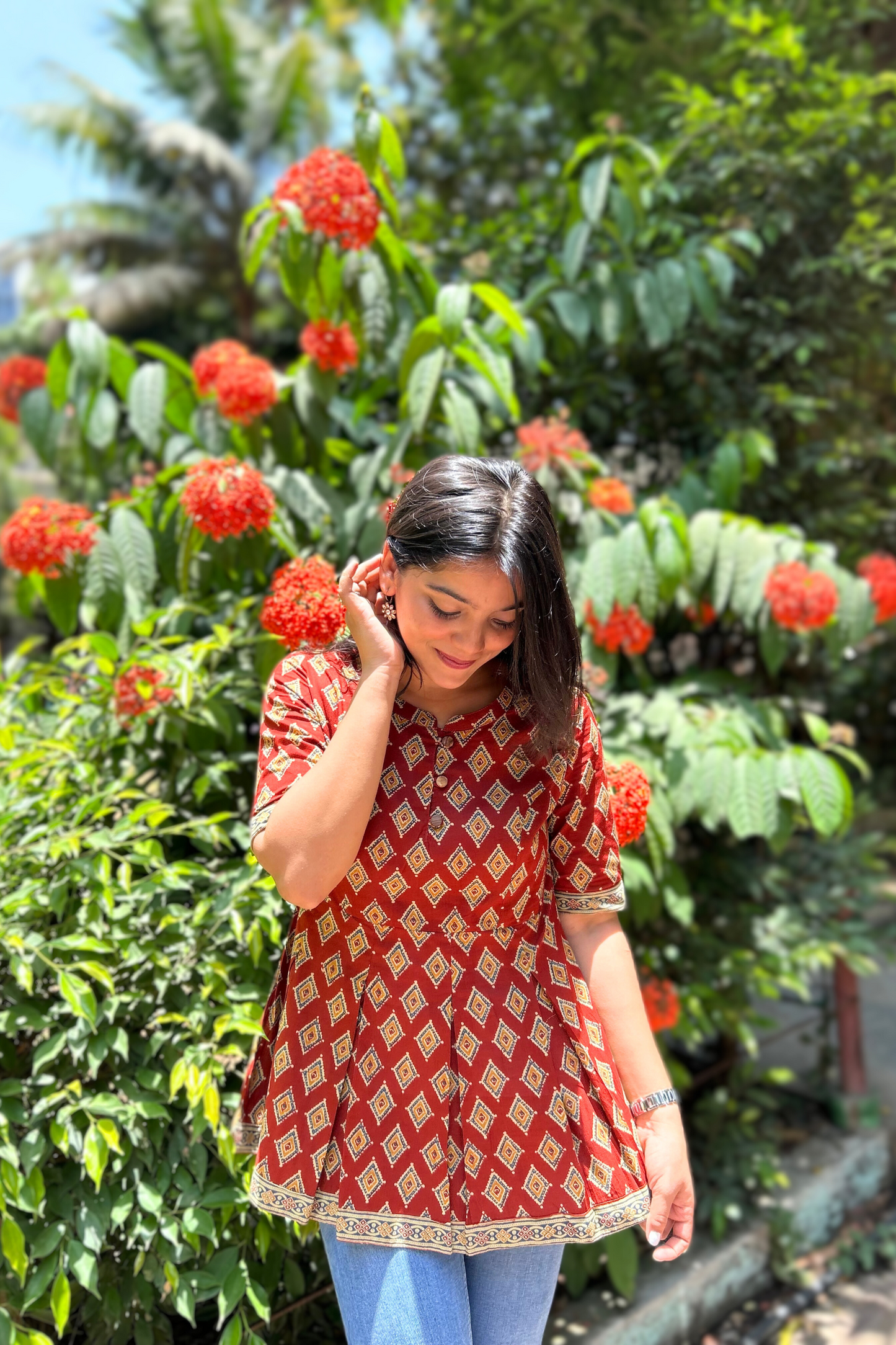 Geometric Print Maroon Fit And Flare Hand-Printed Cotton Kurti Top