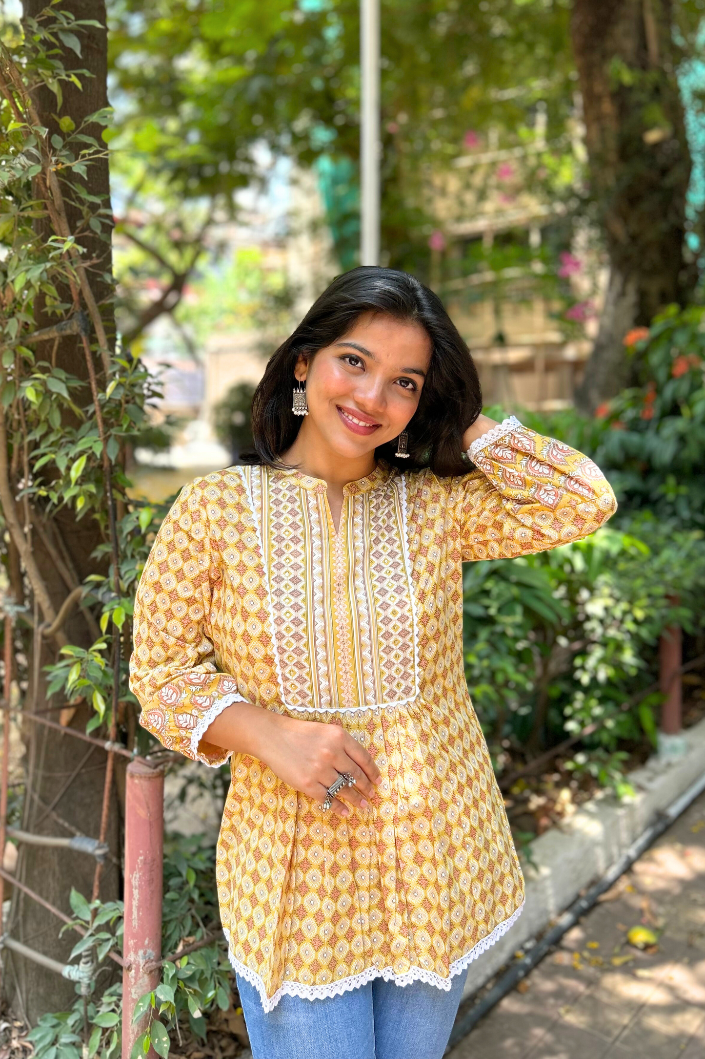 Load image into Gallery viewer, Yellow Geometric Hand-Printed Pure Cotton Kurti with Sequence Embroidery
