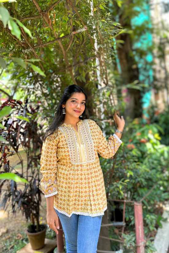 Load image into Gallery viewer, Yellow Geometric Hand-Printed Pure Cotton Kurti with Sequence Embroidery
