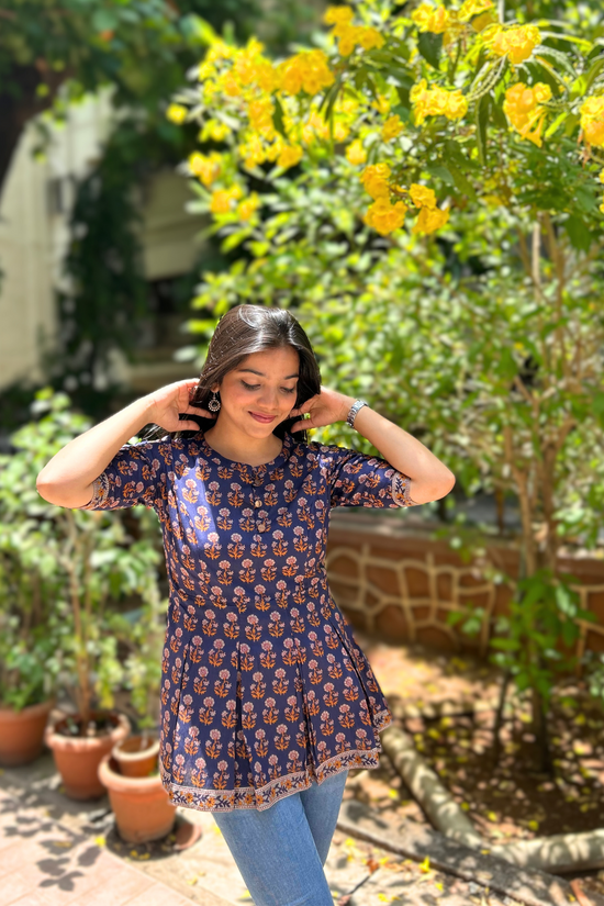 Dark Blue Floral Butta Printed Peplum Cut Fit And Flare Pure