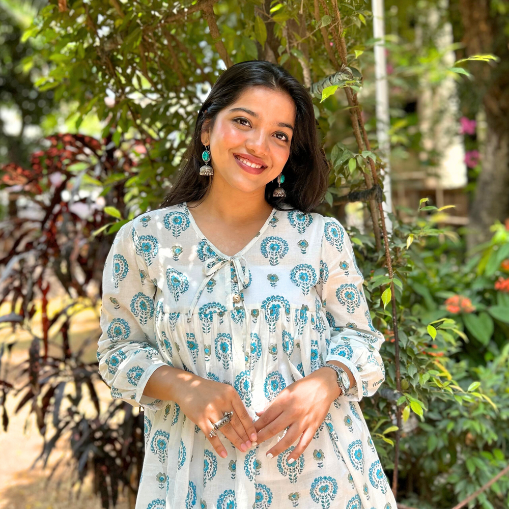 White And Blue Floral Printed Pure Cotton Kurti With Puff Sleeves And Wooden Buttons