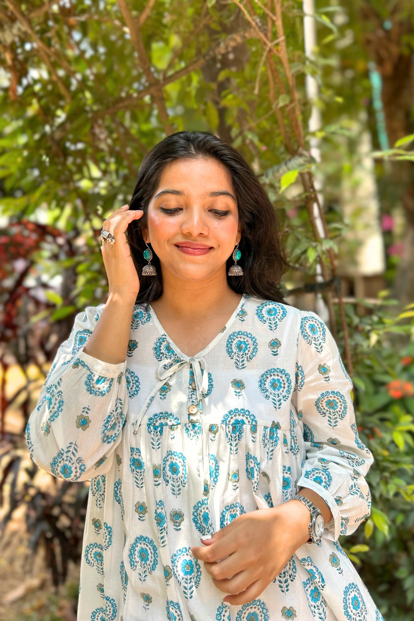 White And Blue Floral Printed Pure Cotton Kurti With Puff Sleeves And Wooden Buttons