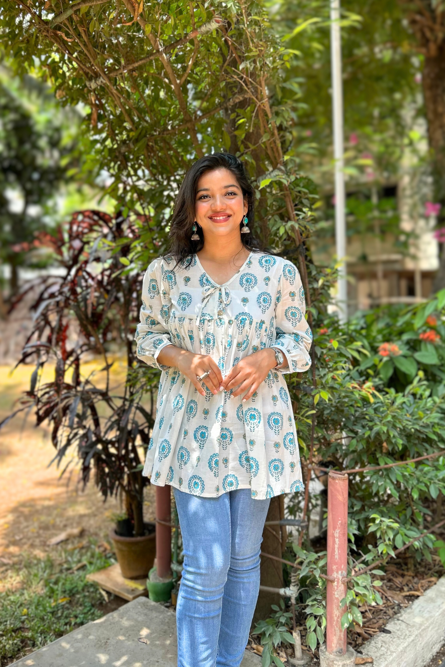 White And Blue Floral Printed Pure Cotton Kurti With Puff Sleeves And Wooden Buttons