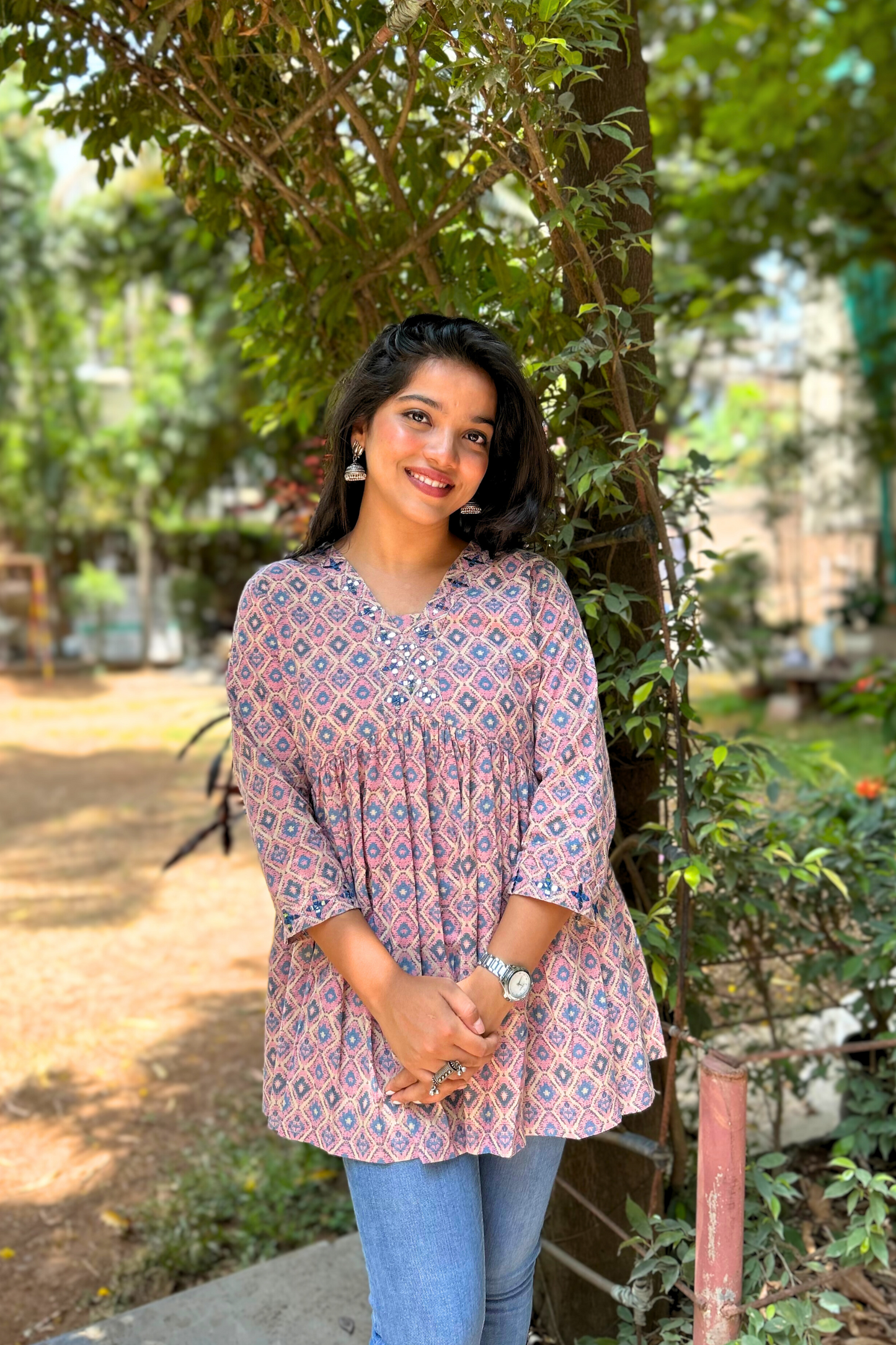 Pink Cotton Digital Printed Kurti With Blue Koti | Latest Kurti Designs