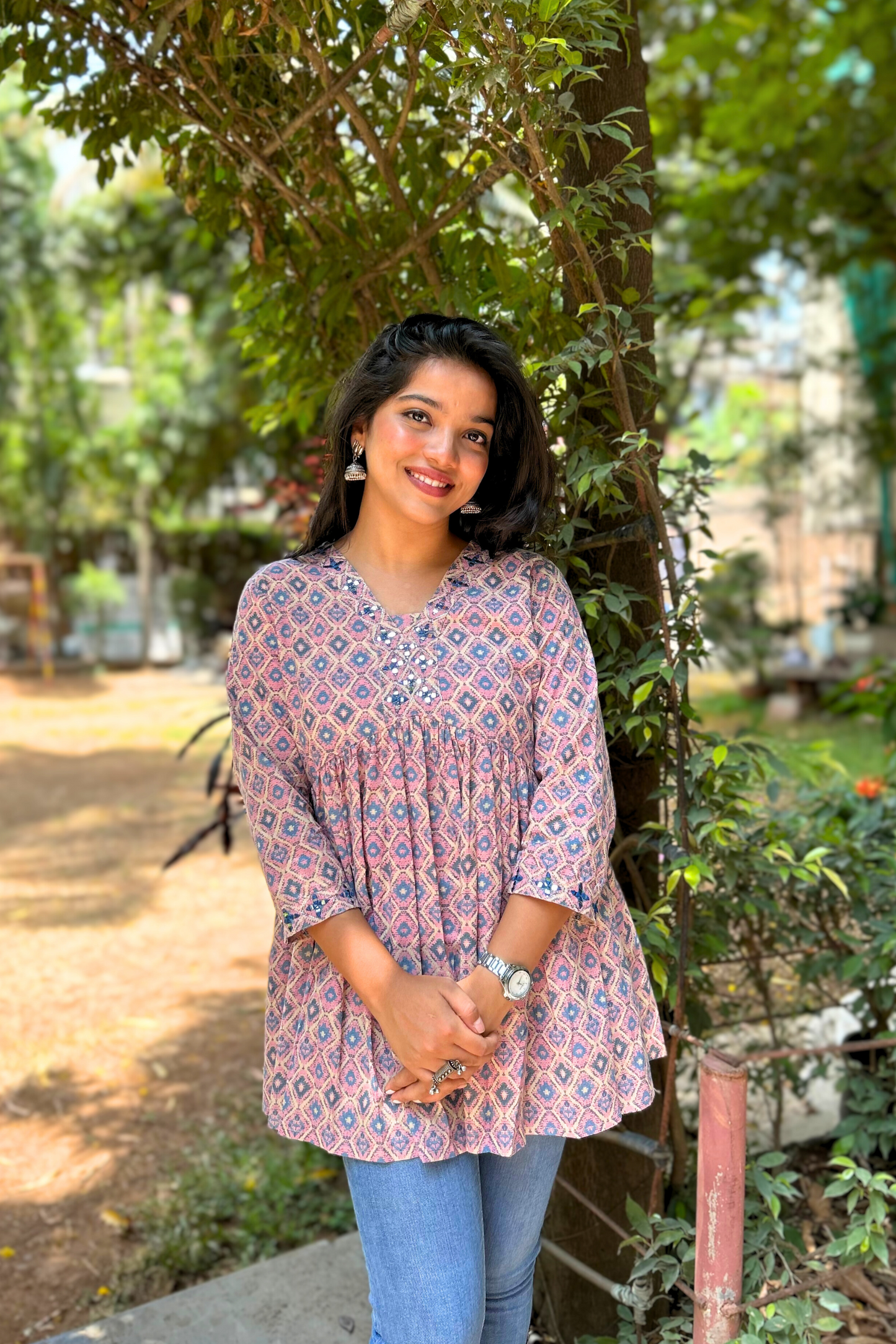 Onion Pink And Blue Mirror Embroidered Hand-Printed Pure Cotton Kurti