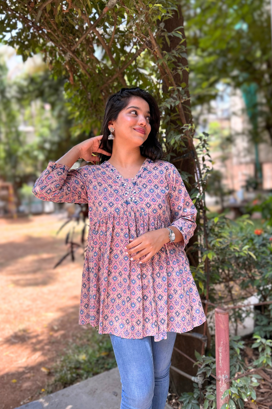 Onion Pink And Blue Mirror Embroidered Hand-Printed Pure Cotton Kurti
