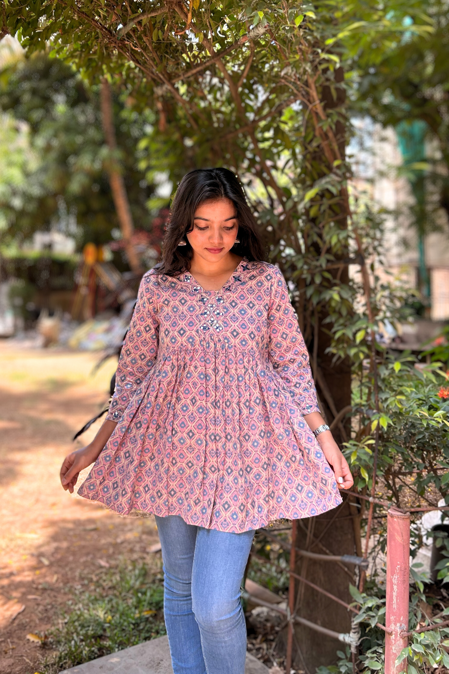 Onion Pink And Blue Mirror Embroidered Hand-Printed Pure Cotton Kurti