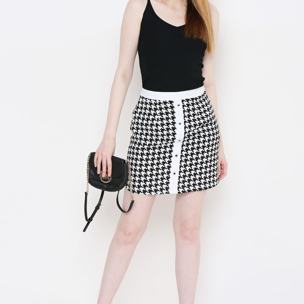 Women Black & White Houndstooth Pattern Pencil Skirt