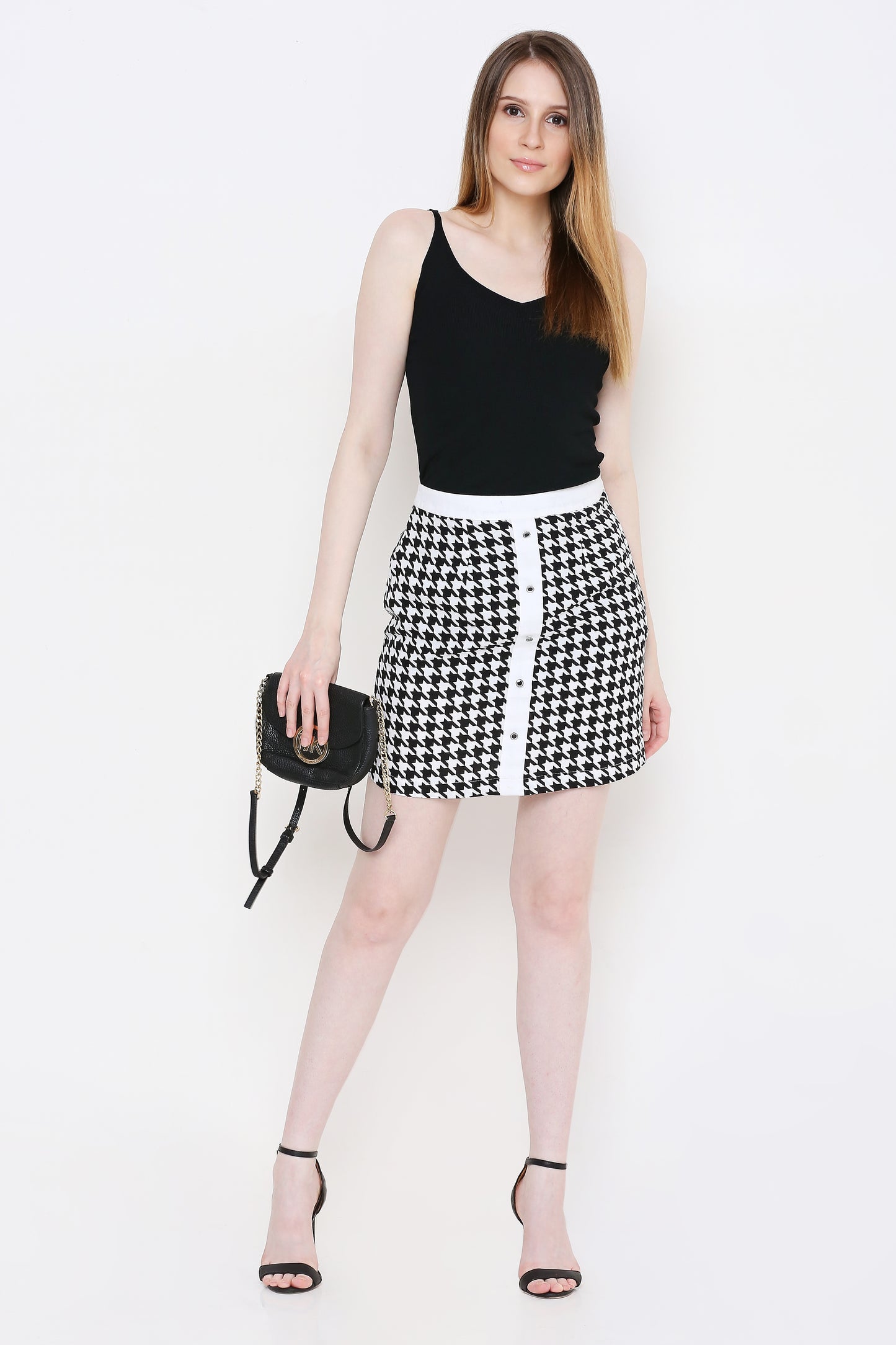 Women Black & White Houndstooth Pattern Pencil Skirt