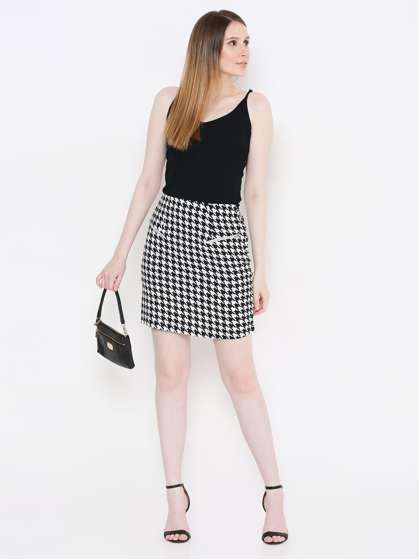 Women Black & White SIDE ZIP Pattern Pencil Skirt