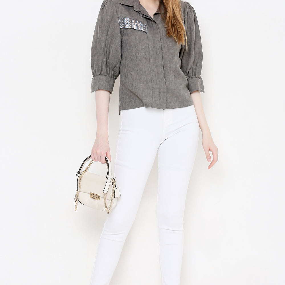 
                      
                        Women Grey Embroidered Shirt Style Top
                      
                    