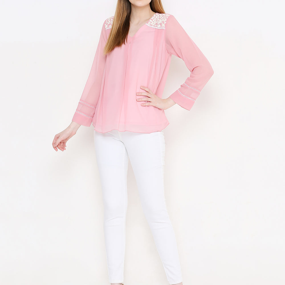 
                      
                        Pink Embellished V-Neck Pure Georgette KurtI
                      
                    