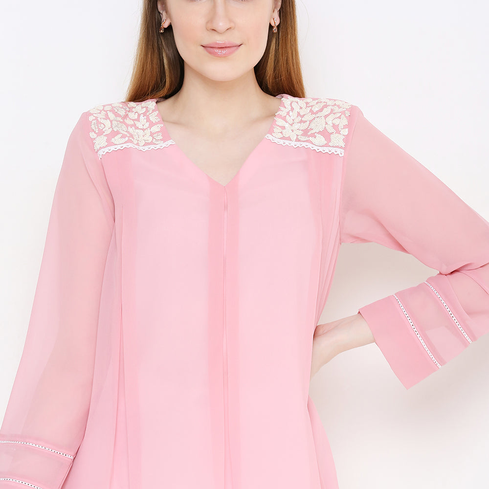 
                      
                        Pink Embellished V-Neck Pure Georgette KurtI
                      
                    