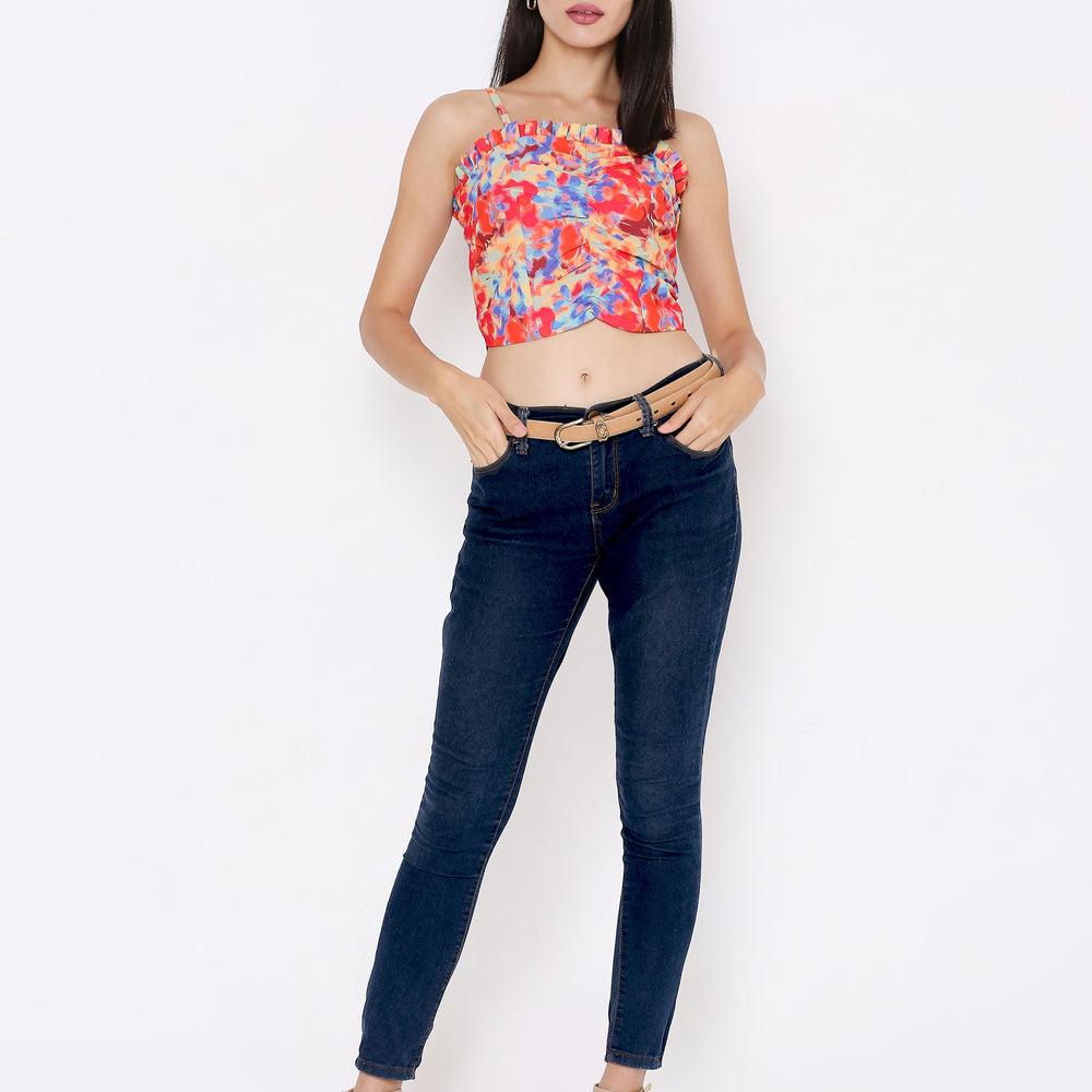 
                      
                        Aturabi Women Multicoloured Abstract Print Crop Top With Back Zip
                      
                    