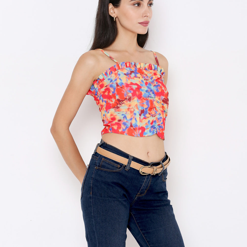 
                      
                        Aturabi Women Multicoloured Abstract Print Crop Top With Back Zip
                      
                    