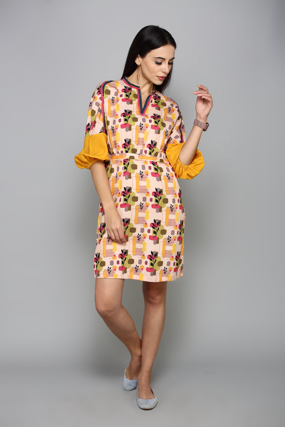 Beige & Yellow Floral A-Line Dress