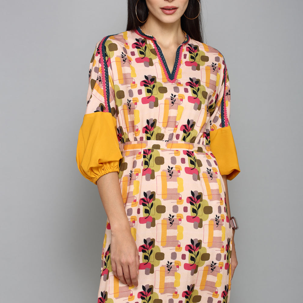 
                      
                        Beige & Yellow Floral A-Line Dress
                      
                    