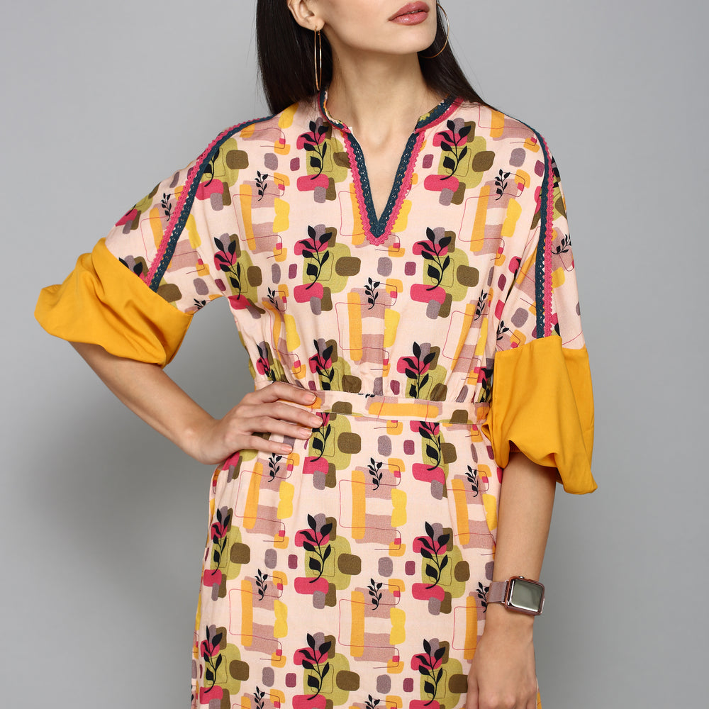 
                      
                        Beige & Yellow Floral A-Line Dress
                      
                    
