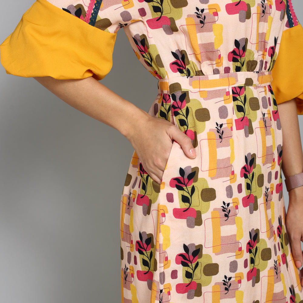 
                      
                        Beige & Yellow Floral A-Line Dress
                      
                    