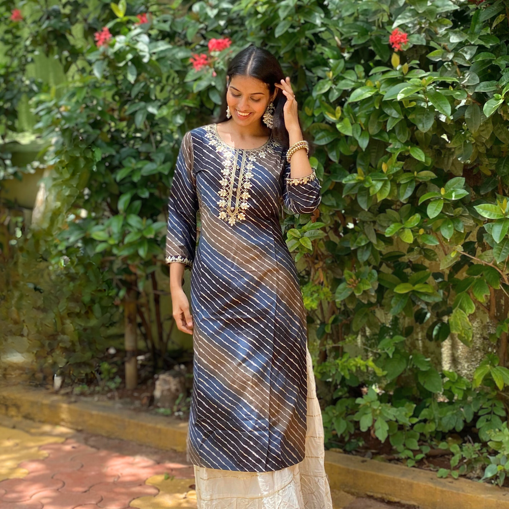 Shades Of Navy Blue and Brown Leheriya Kurta with Gota Pati Work