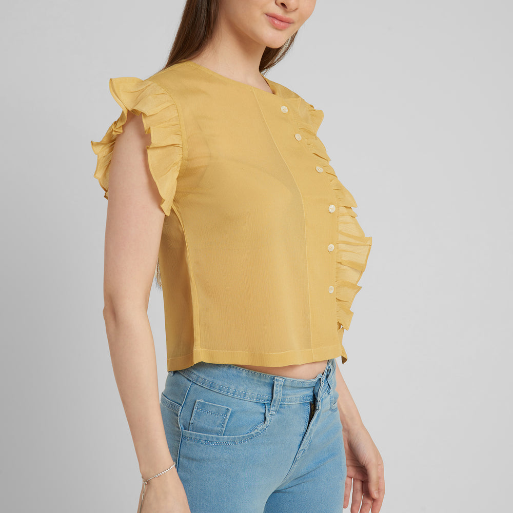 
                      
                        Aturabi Women Yellow Ruffles Shirt Style Crop Top
                      
                    