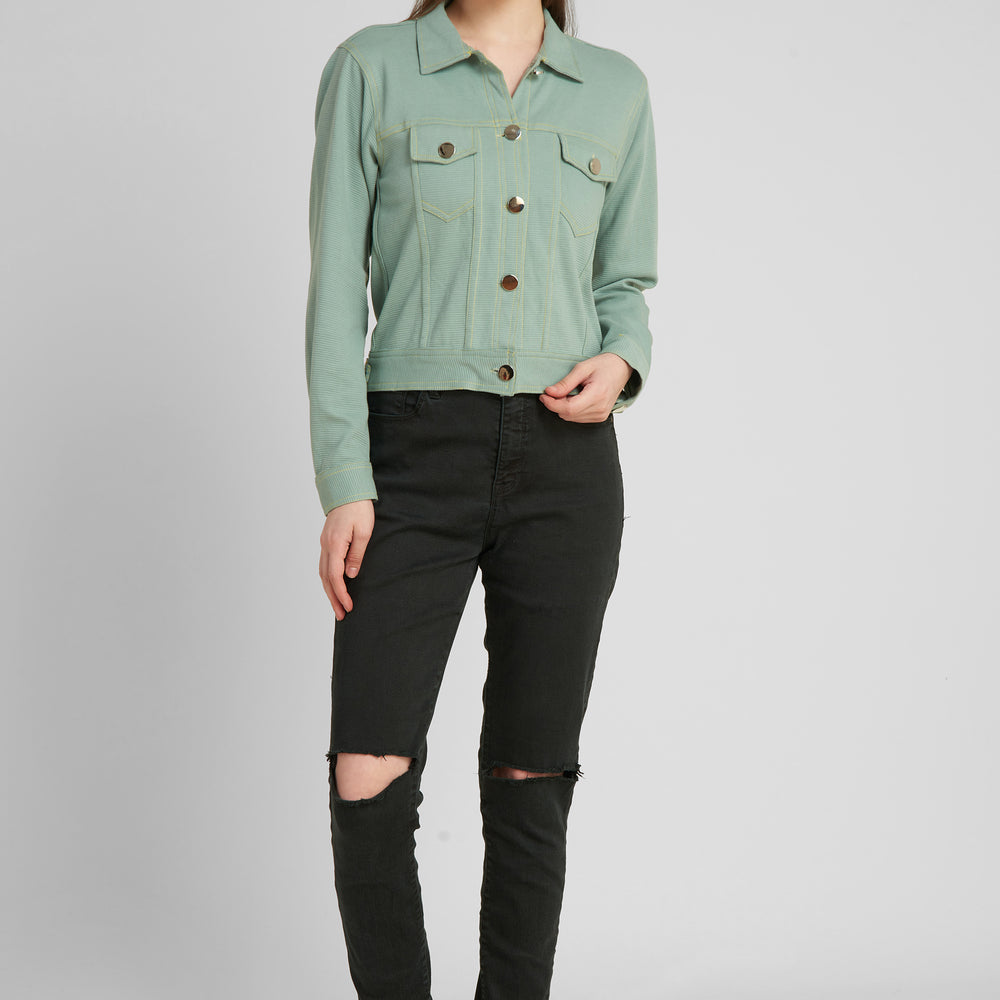 
                      
                        Women Green Denim Jacket
                      
                    