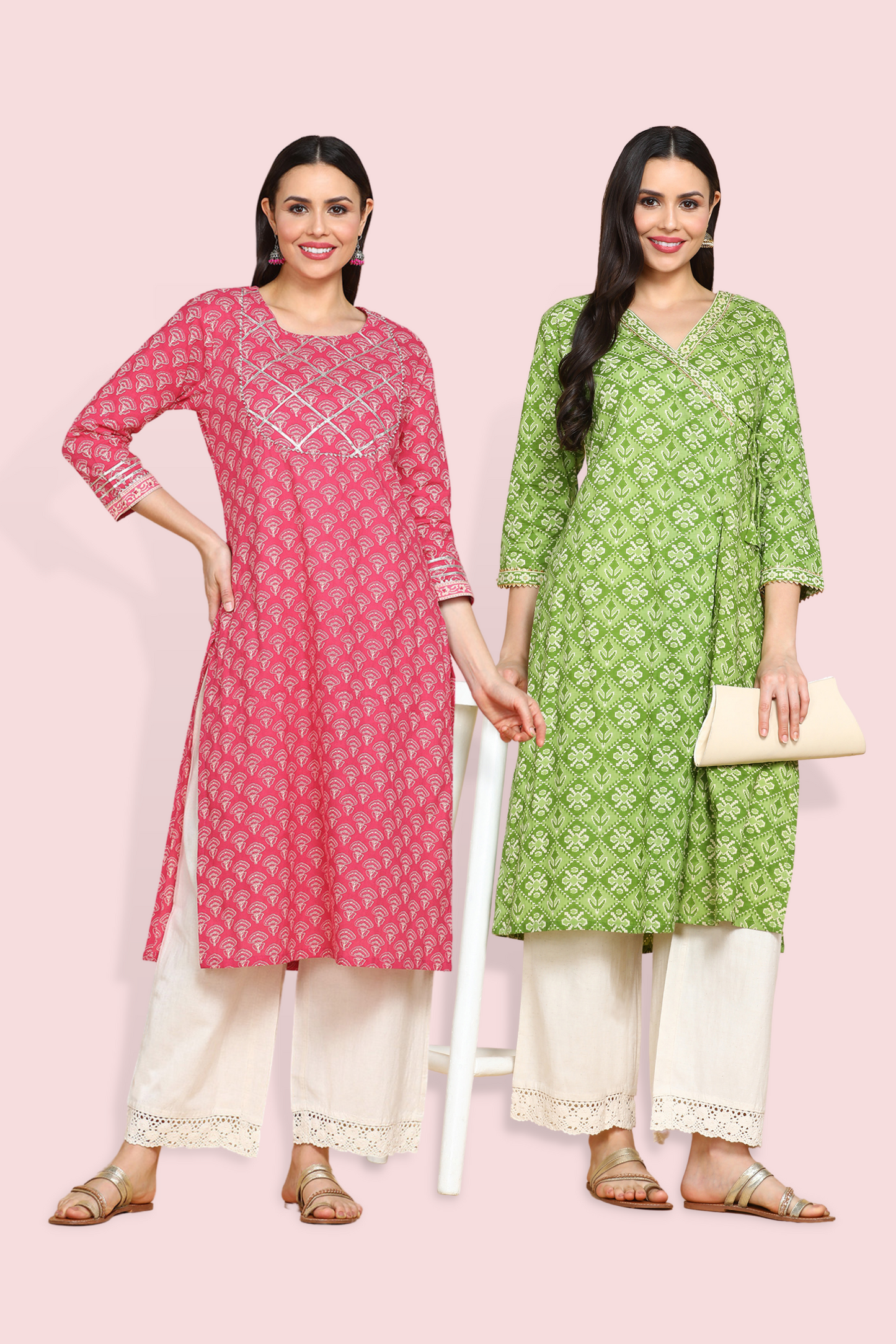 Load image into Gallery viewer, PACK OF TWO ETHNIC MOTIFS PRINTED GOTTA PATTI COTTON KURTAS
