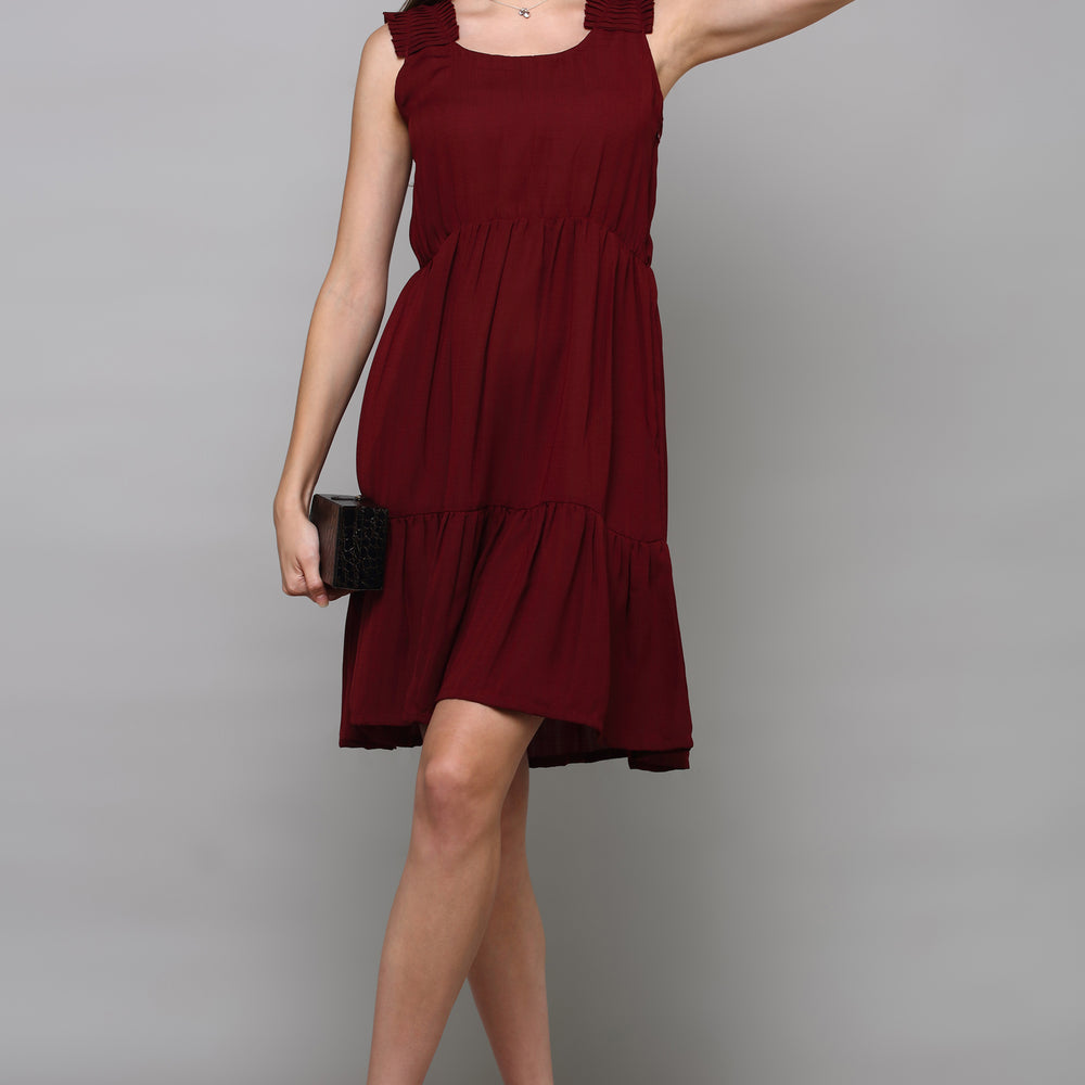 
                      
                        Maroon Scoop-Neck Tiered Dress with Pleated Straps
                      
                    